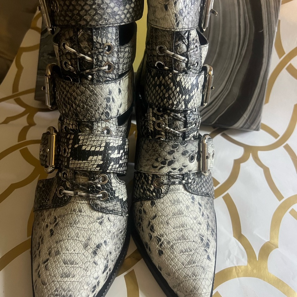 Jeffrey Campbell Black & White Snake-Print Lace-Up Buckle Boots